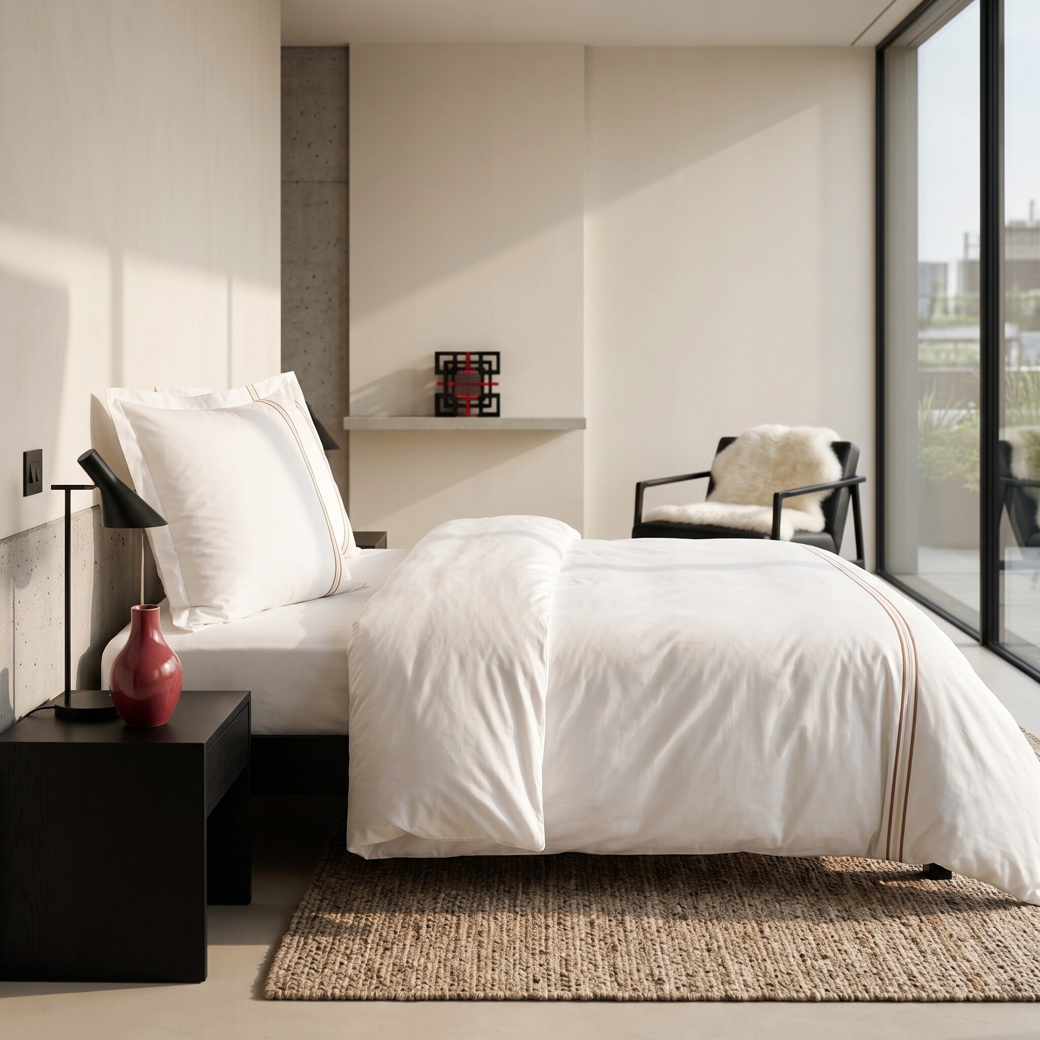 Pokój z dużym łóżkiem pokrytym białą pościelą z delikatnym haftem. W tle znajduje się fotel z futrzaną poduszką oraz duże okno z widokiem na zewnątrz.