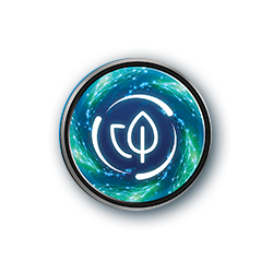 Okrągła ikona z symbolem liścia na tle wirującej wody w odcieniach niebieskiego i zielonego.