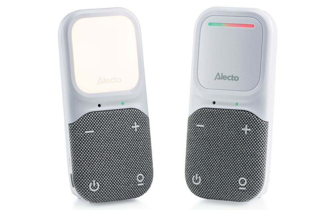 Na obrazie widoczne są dwa urządzenia elektroniczne z logo \'Alecto\', każde z przyciskami plus i minus oraz ikoną zasilania. Jedno z urządzeń ma podświetlony panel, a drugie wskaźnik z kolorowymi paskami.