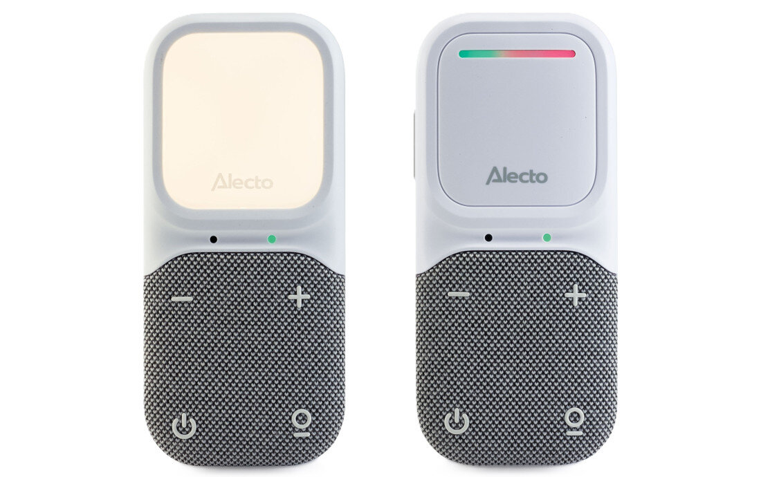 Na obrazie widoczne są dwa urządzenia elektroniczne z logo \'Alecto\', każde z przyciskami plus i minus oraz ikoną zasilania. Jedno z urządzeń ma podświetlony panel, a drugie wskaźnik z kolorowymi diodami.