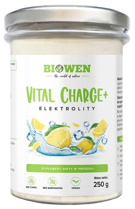 Słoik z etykietą \'Biowen Vital Charge+ Elektrolity\' z ilustracją cytryn i wody. Na etykiecie widnieje informacja \'Suplement diety w proszku\', \'Bez cukru\', \'Bez barwników\', \'Vegan\', \'Masa netto: 250 g\'.
