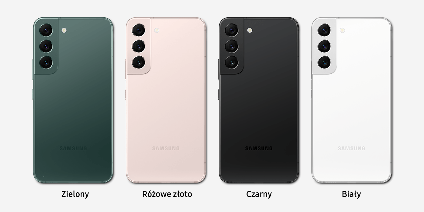 Obraz przedstawia cztery smartfony w różnych kolorach: zielonym, różowym złocie, czarnym i białym. Każdy z telefonów ma trzy kamery z tyłu i logo \'SAMSUNG\'.