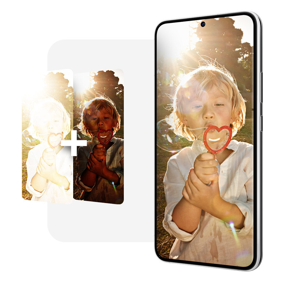 Na obrazie widoczny jest smartfon z wyświetlaczem pokazującym dziecko trzymające bańkę mydlaną w kształcie serca. Obok telefonu znajdują się dwa mniejsze obrazy przedstawiające to samo dziecko w różnych filtrach świetlnych.