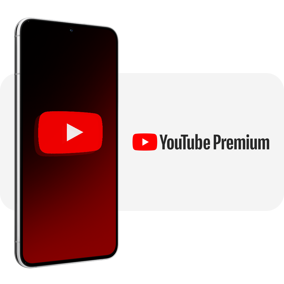 Na obrazie widoczny jest smartfon z logo YouTube na ekranie. Obok znajduje się napis \'YouTube Premium\'.