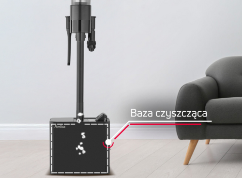 Na obrazie widoczny jest odkurzacz stojący na podłodze obok szarej sofy. Obok odkurzacza znajduje się czarna baza czyszcząca z logo \'Amica\' i napisem \'Baza czyszcząca\'.