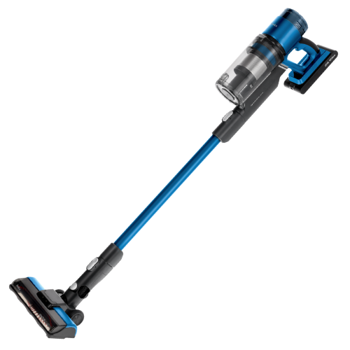 Na obrazie widoczny jest niebieski odkurzacz pionowy z przezroczystym pojemnikiem na kurz i ergonomicznym uchwytem. Odkurzacz ma długą rurę i szeroką szczotkę na końcu.