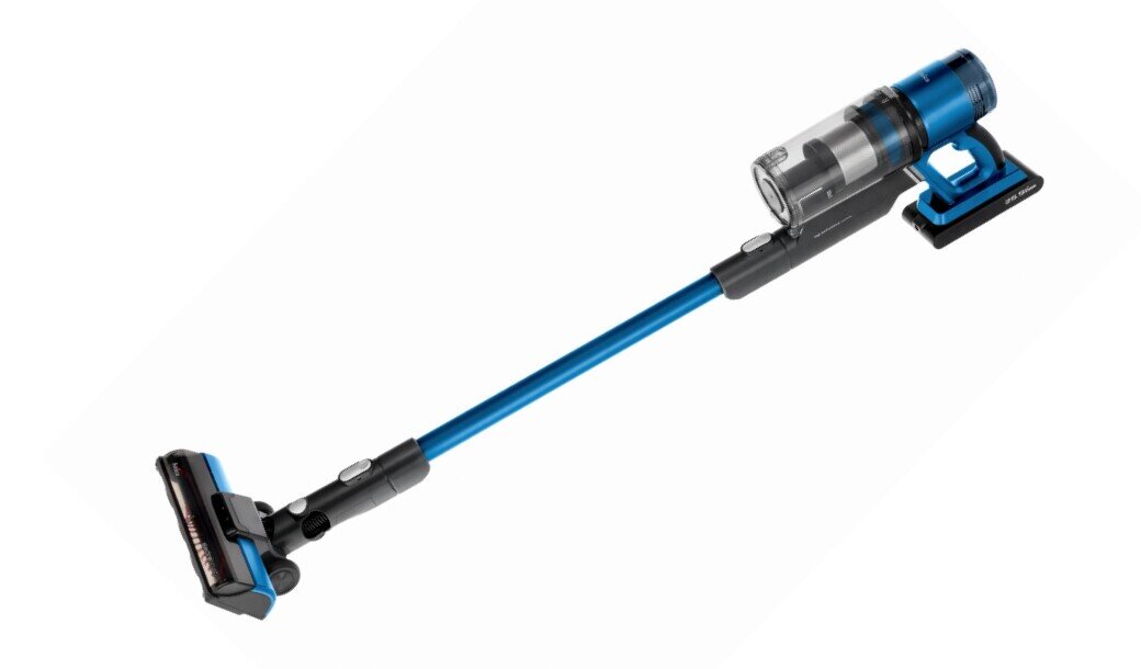 Bezprzewodowy odkurzacz w kolorze niebieskim z przezroczystym pojemnikiem na kurz i szczotką na końcu. Na odkurzaczu widoczne jest logo \'media expert\'.