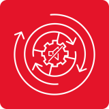 Czerwony kwadrat z białym symbolem przedstawiającym zębatkę i strzałki wokół niej, z przekreśloną ikoną głośnika w środku.