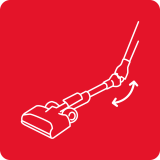 Ikona przedstawia schematyczny rysunek odkurzacza z elastycznym przegubem na czerwonym tle. Obok przegubu znajduje się symbol strzałki wskazujący na możliwość ruchu.