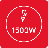 Czerwony kwadrat z białym symbolem błyskawicy i napisem \'1500W\' w środku.