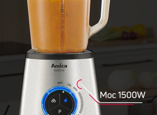 Blender kielichowy z napisem \'Amica 1500W\' na obudowie, z pokrętłem i przyciskiem oznaczonym literą \'P\'. Obok widoczny napis \'Moc 1500W\'.