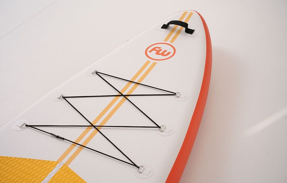 Deska SUP FUNWATER SUPFW69B Pomarańczowo-biały, uchwyt, manometr, linki, sztywność, Detal dziobu deski SUP z linkami i uchwytem.