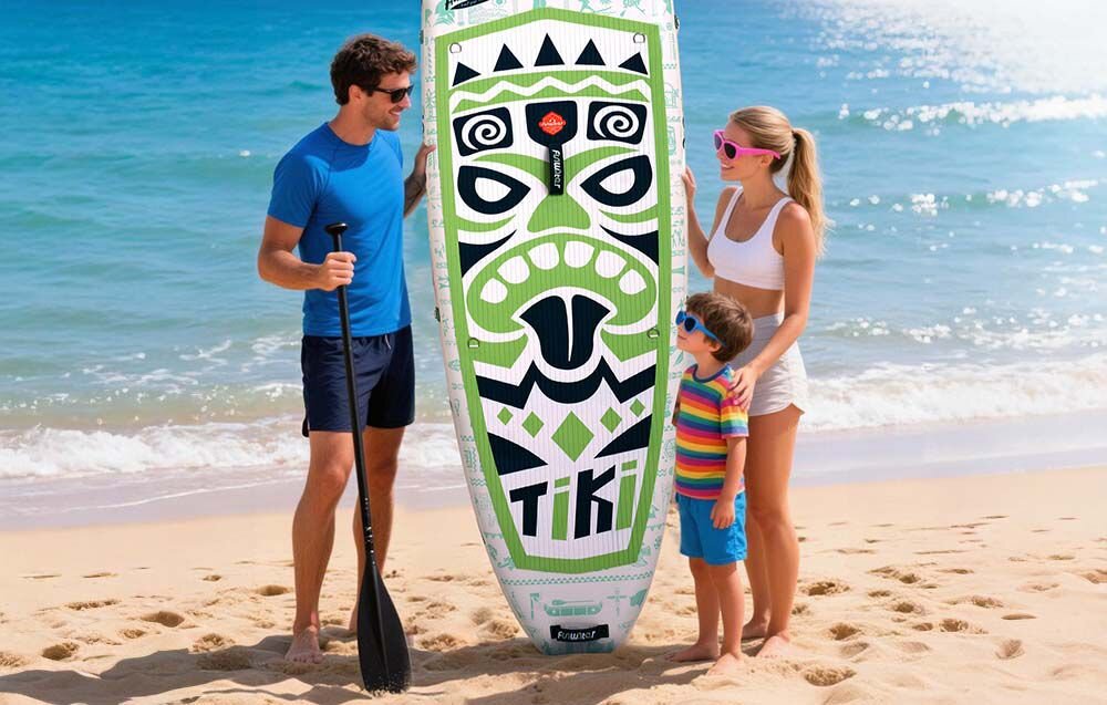 Deska SUP FUNWATER SUPFW05D Zielony, stabilność, manewrowanie, stateczniki, kontrola, Rodzina z dzieckiem stoi przy desce SUP na plaży.