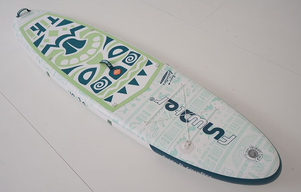 Deska SUP FUNWATER SUPFW05D Zielony, uchwyt, manometr, linki, sztywność, Deska SUP z zielonymi wzorami na białym tle.