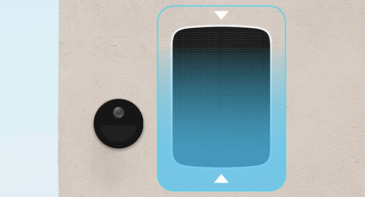 Kamera EZVIZ EB3 Zewnętrzna, 4G LTE + Panel solarny, monokrystaliczny, moc, ładowanie, całodobowo, Kamera oraz panel słoneczny na jasnej elewacji, panel z podświetleniem zakresu ustawienia