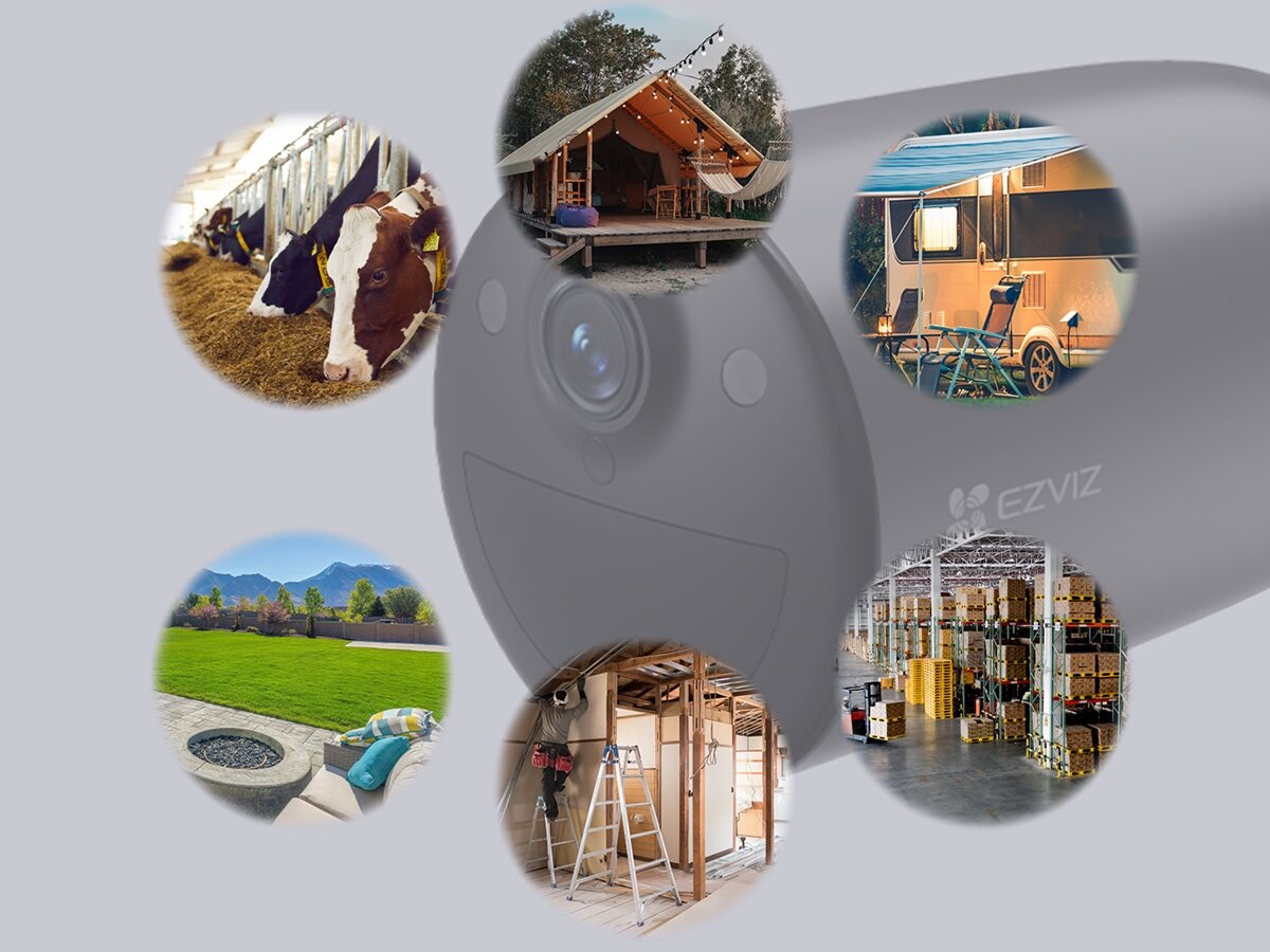 Kamera EZVIZ EB3 Zewnętrzna, 4G LTE + Panel solarny, niezależność, panel, bateria, pogoda, Kompozycja kilku scen monitorowanych: krowy, camping, magazyn, remont i ogród, centralnie kamera