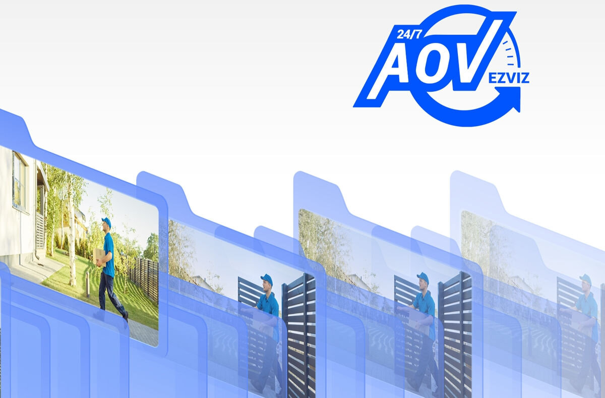 Kamera EZVIZ EB3 Zewnętrzna, 4G LTE + Panel solarny, nagrywanie, kluczowe, momenty, podsumowanie, rozszerzenie, PIR, skuteczność, wykrywanie,  Ikony folderów nagrań z kurierem w błękitnych ramkach, logo AOV w prawym górnym rogu