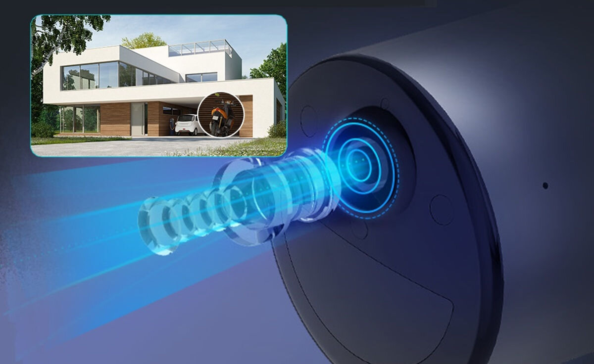 Kamera EZVIZ EB3 Zewnętrzna, 4G LTE + Panel solarny, szczegóły, rozdzielczość, pewność, bezpieczeństwo, Kamera EZVIZ na domu, przybliżony obiektyw, wizualizacja zasięgu optyki z podświetleniem