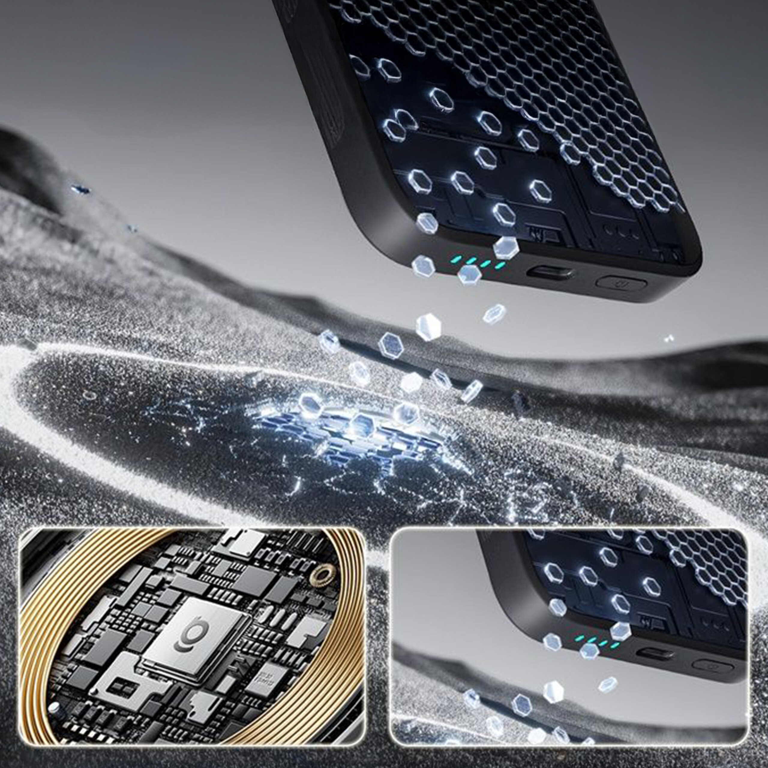 Obraz przedstawia power bank z widoczną strukturą wewnętrzną i efektami świetlnymi wokół niego. W dolnej części znajdują się dwa zbliżenia na elementy elektroniczne i porty urządzenia.