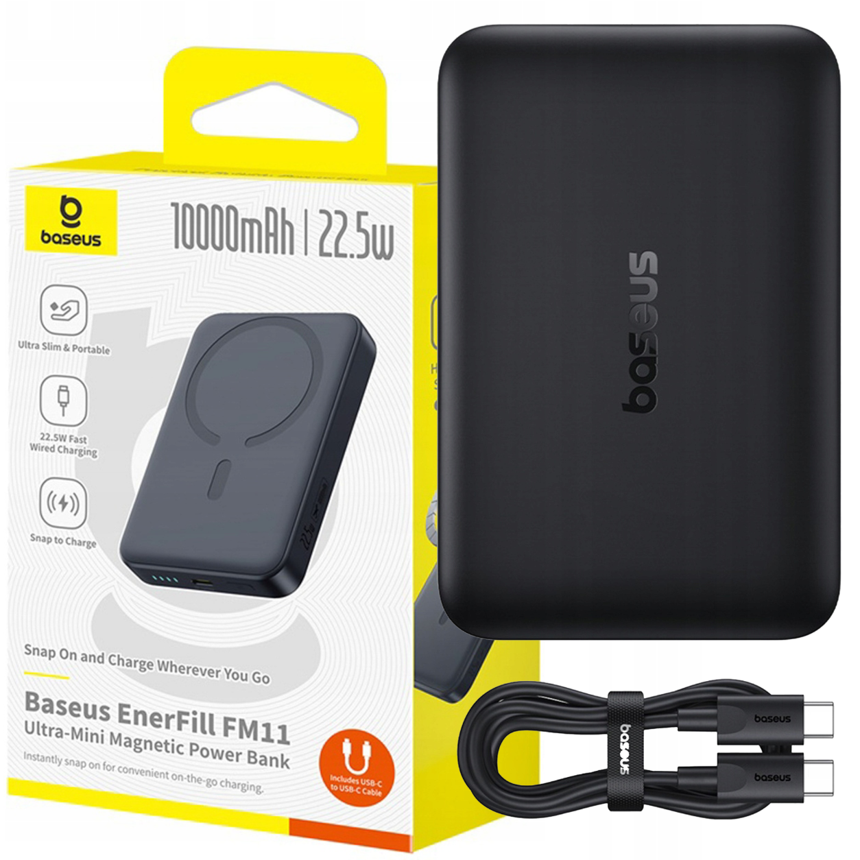 Na obrazie widoczny jest czarny power bank z logo \'baseus\' oraz jego opakowanie z napisem \'10000mAh | 22.5w\'. Obok znajduje się czarny kabel USB-C z logo \'baseus\'.