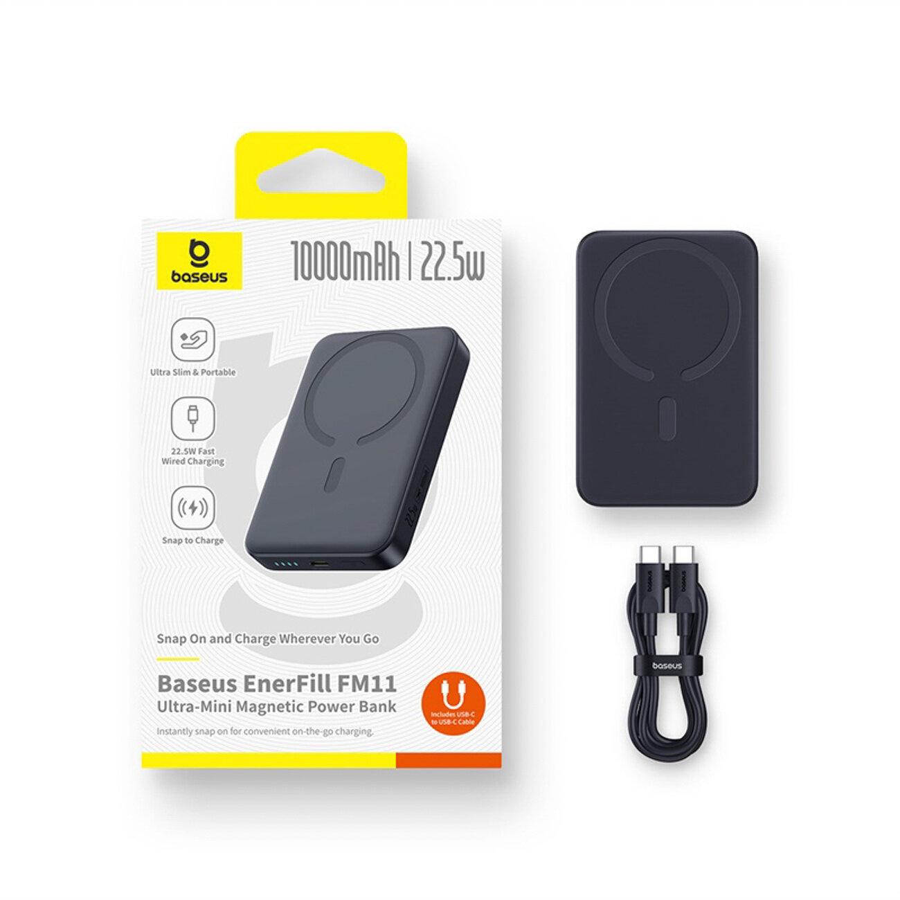 Na obrazie widoczny jest power bank w kolorze ciemnym oraz jego opakowanie z napisem \'Baseus EnerFill FM11 Ultra-Mini Magnetic Power Bank\'. Obok znajduje się czarny kabel USB-C z logo \'baseus\'.