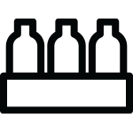 Ikona przedstawia trzy butelki ustawione pionowo na prostokątnej podstawce. Całość jest w kolorze czarnym na przezroczystym tle.