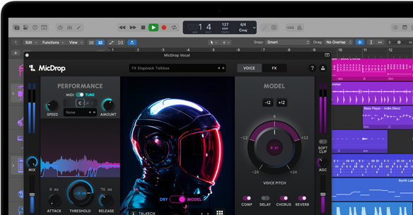 Ekran z apką MicDrop wykorzystującą funkcje AI do edycji wokalu na MacBooku Pro