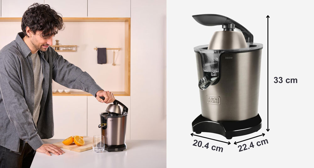 Wyciskarka do cytrusów BLACK&DECKER BXCJ350E kompaktowe wymiary, do niewielkiej kuchni, łatwe przechowywanie