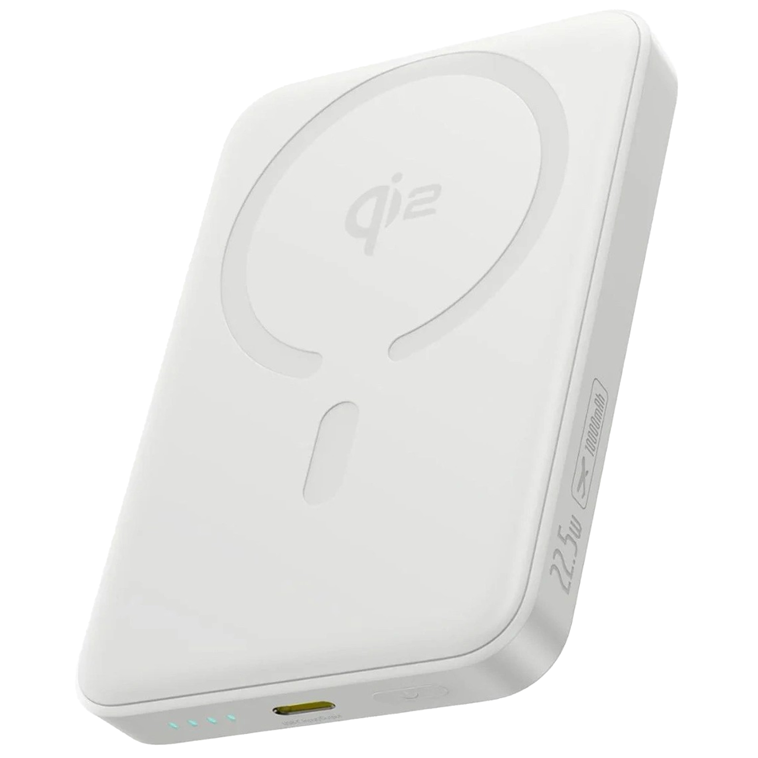 Biały powerbank z oznaczeniem \'qi2\' na powierzchni, posiadający port USB-C i wskaźnik LED. Na boku widoczny jest napis \'22.5W 10000mAh\'.