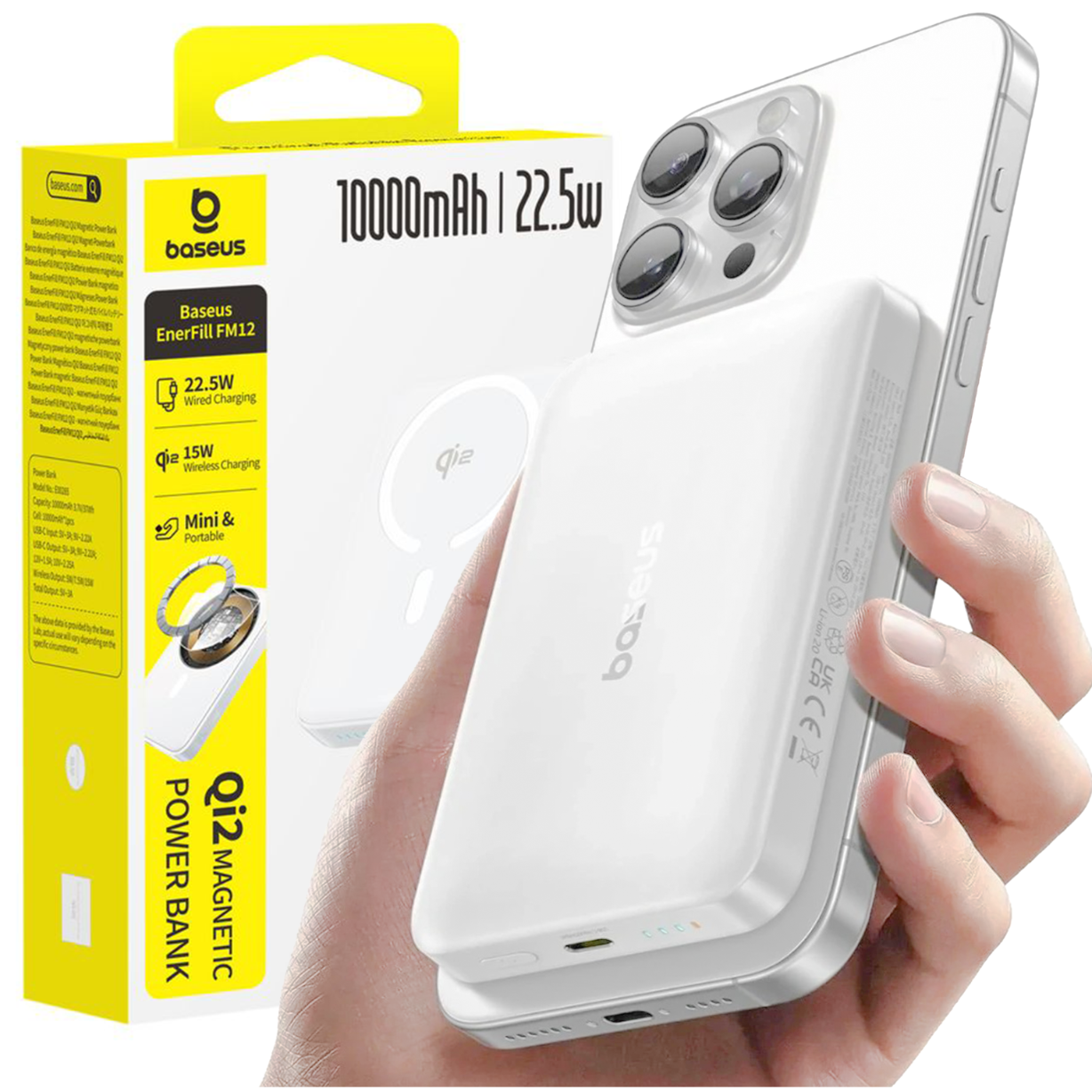 Na obrazie widoczny jest biały powerbank marki Baseus trzymany w dłoni, z napisem \'baseus\' na obudowie. Obok znajduje się żółte opakowanie z tekstem \'10000mAh | 22.5w\' oraz \'Qi2 MAGNETIC POWER BANK\'.