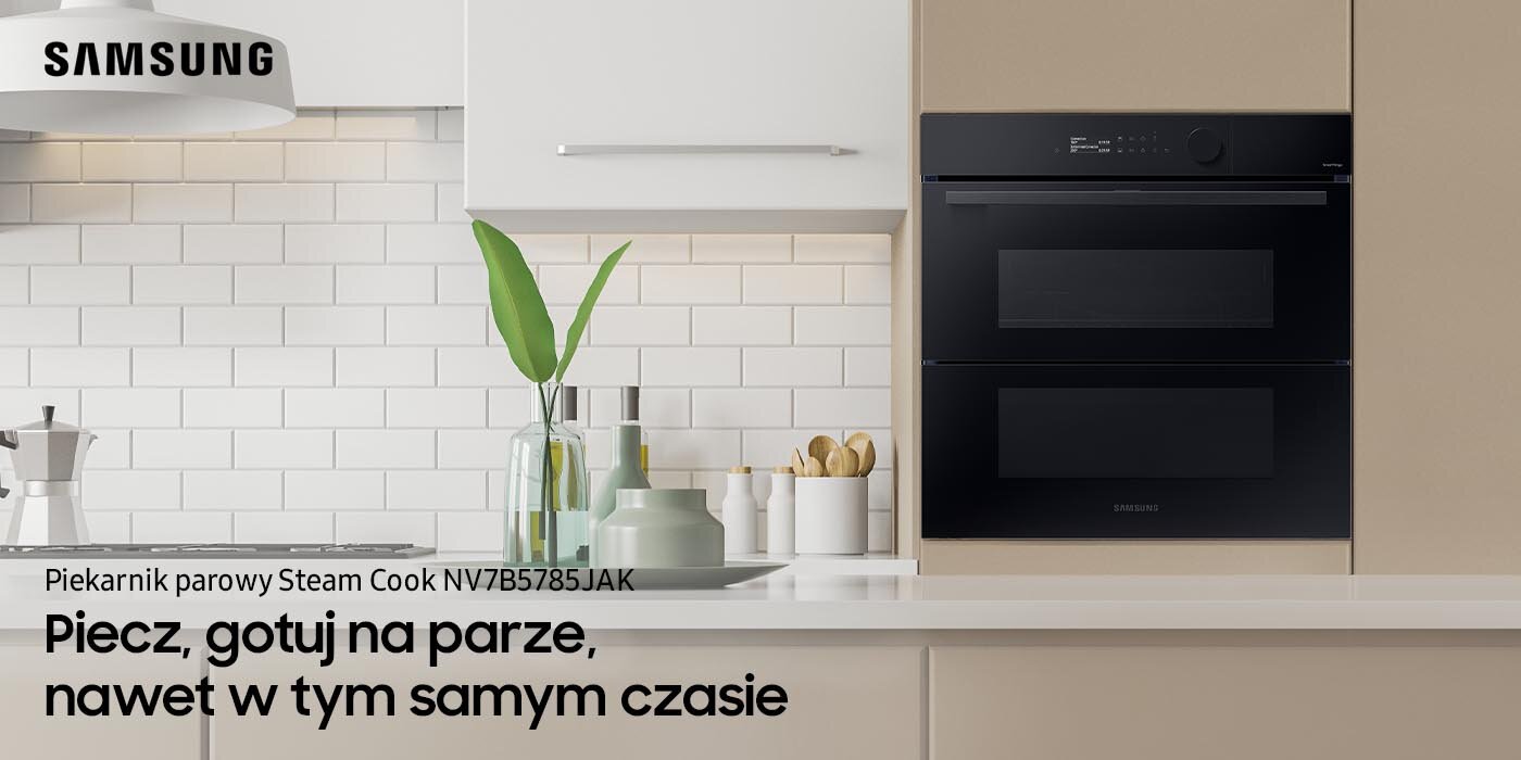 Piekarnik Dual Cook Flex NV7B5785JAK wykończony w eleganckim czarnym szkle dostępny w sklepach Media Expert