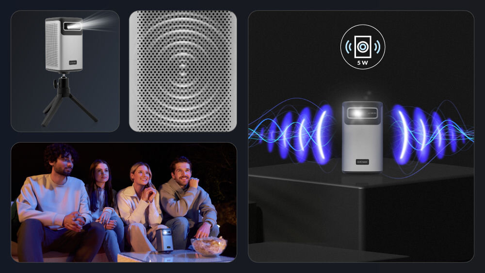 Projektor OVERMAX Multipic 8.1 HD - Wydajna bateria, projketor na stojaku, ludzie oglądający obraz wyświetlany na stoliku