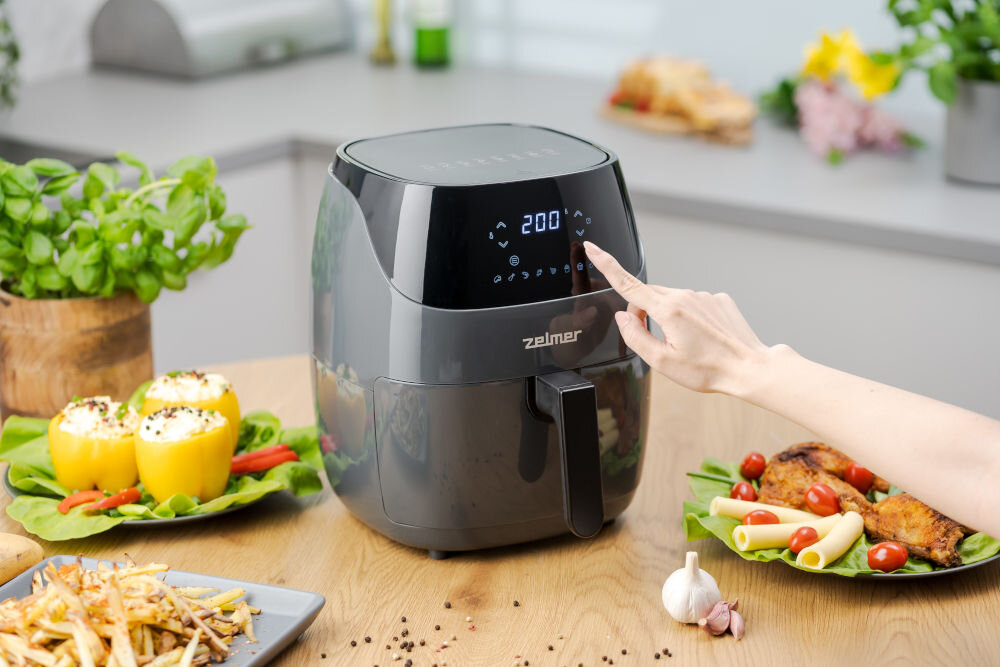 Frytownica ZELMER ZAF5502G panel dotykowy intuicyjna obsługaustawienie czasu temperatury wybór trybu pracy gotowe programy ulubione potrawy przygotowane w prosty sposób proste kontrolowanie urządzenia 