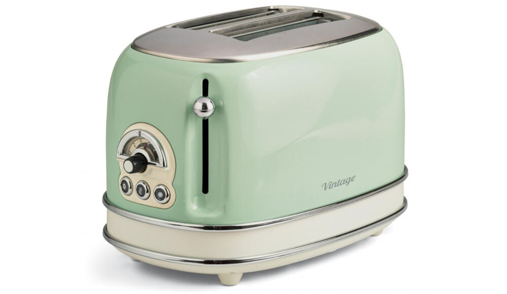Toster ARIETE 155/04 Vintage toster elegancki retro dwa otwory pokrętła guziki gałka nóżki specjalne szczypczyki ze stali nierdzewnej ciepłe kanapki ulubione dodatki bez wypadania w trakcie opiekania szybkie pożywne śniadanie lunch kolacja rozmrażanie podgrzewanie pieczywa ciepłe chrupiące pieczywo