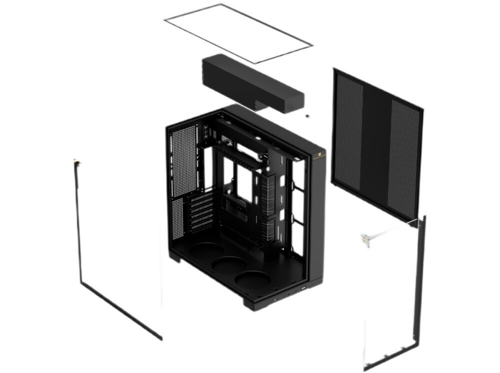 Obudowa THERMALRIGHT A70 rozłożona na części czarna obudowa komputerowa z uniesionymi i odsuniętymi od pustego szkieletu szklanymi panelami oraz metalowym panelem bocznym z siatką