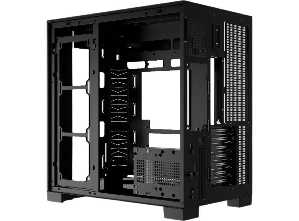 Obudowa THERMALRIGHT A70 metalowy stelaż pustej obudowy komputerowej widziany od tyłu i prawej strony, pozbawiony zewnętrznych paneli ochronnych, pokazujący wycięcia montażowe i przepusty na kable