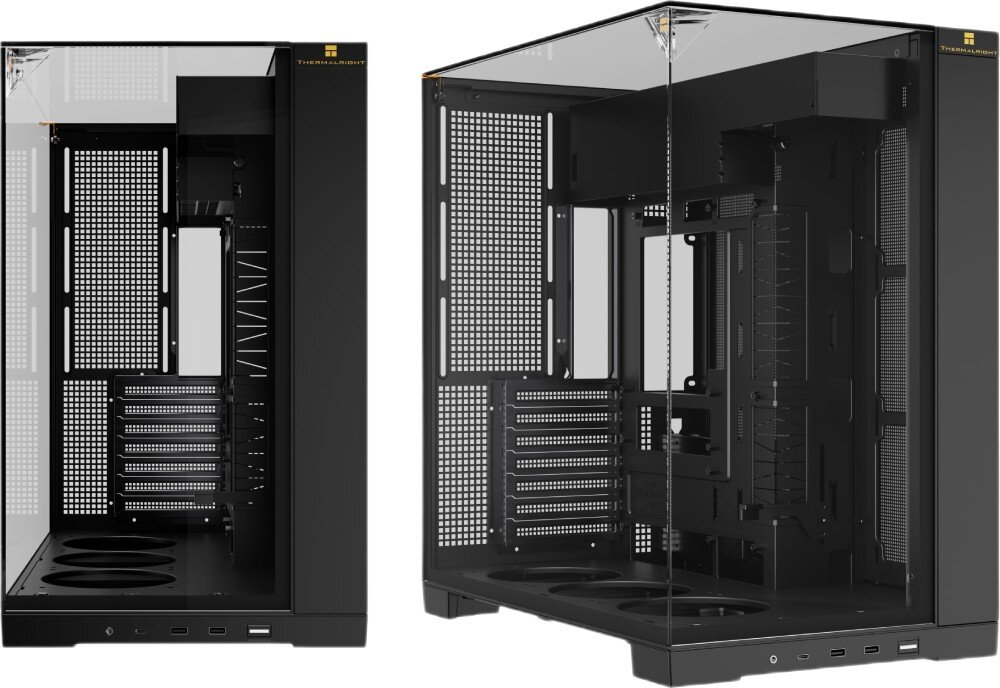 Obudowa THERMALRIGHT A70 dwie puste czarne obudowy komputerowe ze szklanymi osłonami zestawione obok siebie, lewa pokazana centralnie od frontu, a prawa pod kątem, ukazujące układ wnętrza