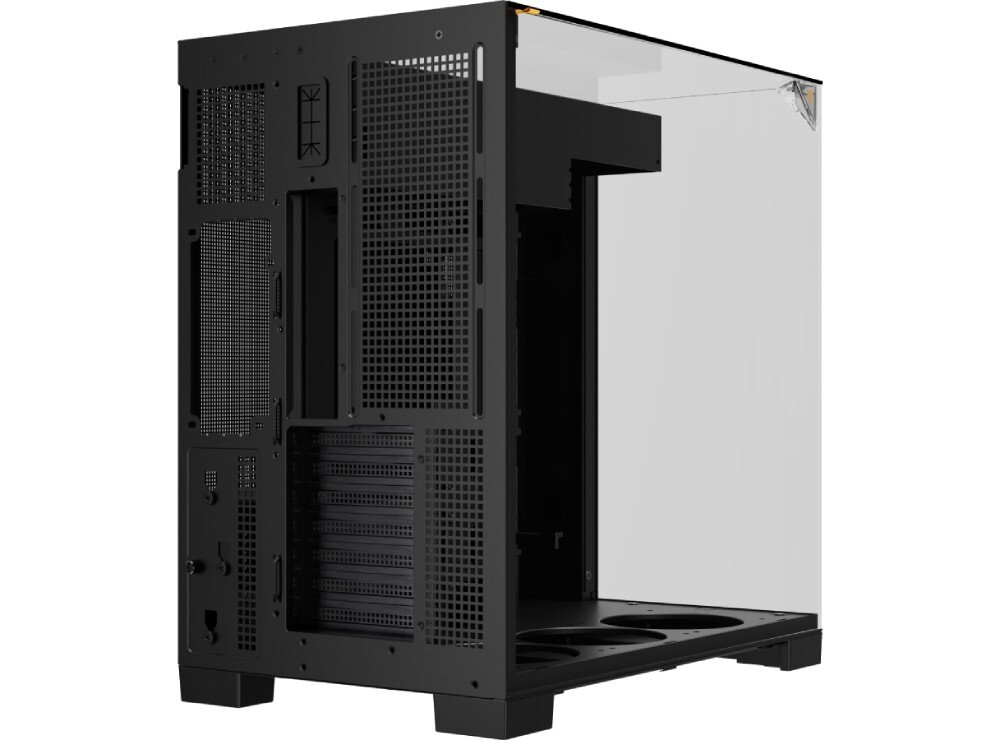 Obudowa THERMALRIGHT A70 tył pustej czarnej obudowy komputerowej z widocznymi kratkami wentylacyjnymi, śledziami na karty rozszerzeń, otworem na porty płyty głównej i miejscem na montaż zasilacza w lewym dolnym rogu