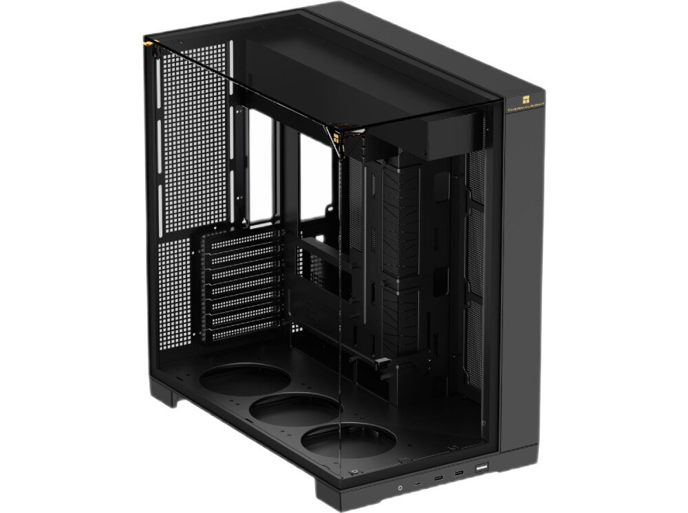 Obudowa THERMALRIGHT A70 pusta czarna obudowa komputerowa widziana pod kątem z góry, pokazująca przezroczyste szklane ściany bez łączących słupków oraz wnętrze z trzema okrągłymi wycięciami na wentylatory na dole