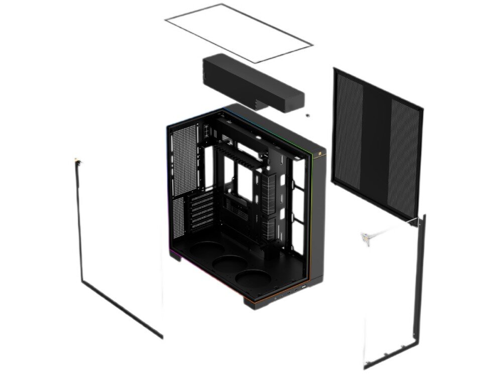Obudowa THERMALRIGHT A70 ARGB Rozłożona pusta czarna obudowa ze zdjętymi trzema szklanymi panelami oraz prawym metalowym bokiem, wewnątrz szkieletu zamontowano dwa wentylatory z tyłu i trzy na dole, wszystkie z tęczowym podświetleniem