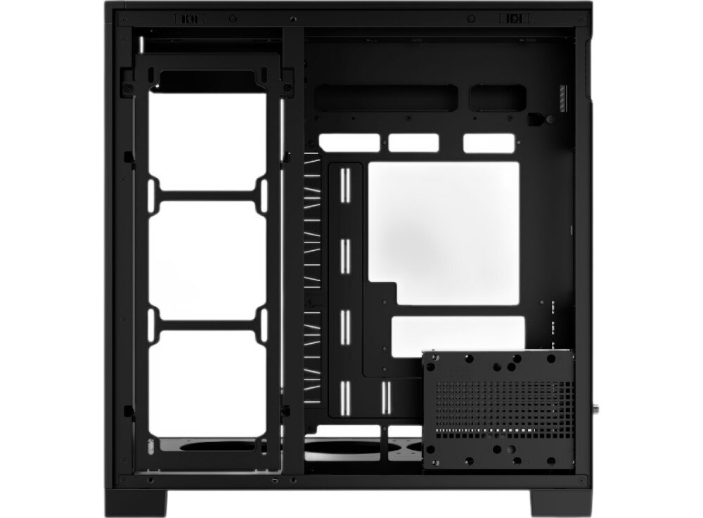 Obudowa THERMALRIGHT A70 ARGB Widok z boku na wnętrze pustej czarnej obudowy, widoczna jest tacka płyty głównej z otworami na kable, siatka wentylacyjna po prawej stronie oraz pięć wentylatorów z tęczowym podświetleniem umieszczonych z tyłu i na dole