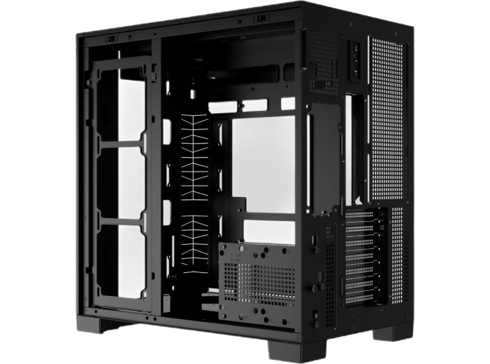 Obudowa THERMALRIGHT A70 ARGB Pusta czarna obudowa widziana pod kątem ze szklanymi panelami na froncie, boku i górze, przez które widać wnętrze z miejscem na podzespoły oraz dwa tylne i trzy dolne wentylatory świecące w kolorach tęczy