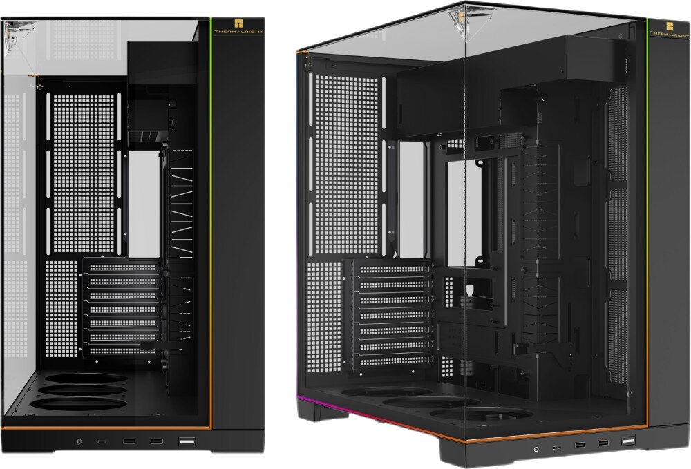 Obudowa THERMALRIGHT A70 ARGB Zestawienie dwóch ujęć pustej czarnej obudowy z wentylatorami o tęczowym podświetleniu, po lewej stronie płaski widok na front i lewy bok, a po prawej ujęcie pod kątem eksponujące brak pionowych słupków na łączeniach szyb