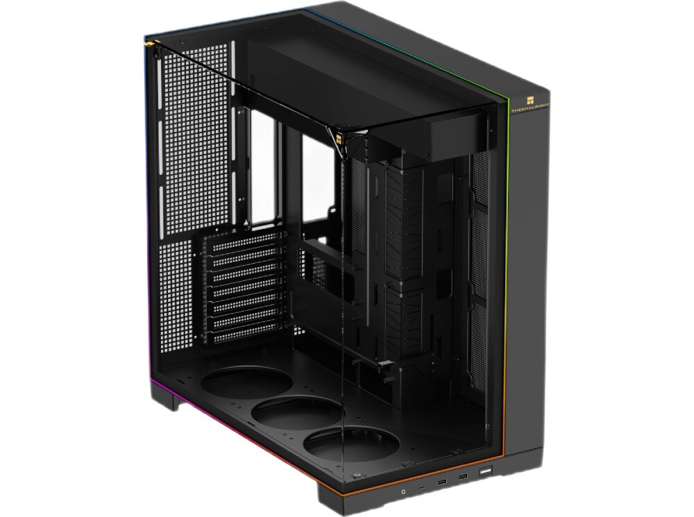 Obudowa THERMALRIGHT A70 ARGB Pusta czarna obudowa ze szklanymi panelami widziana z góry pod kątem, wewnątrz widoczne jest miejsce na płytę główną i pięć tęczowo podświetlanych wentylatorów, a na przedniej dolnej krawędzi znajduje się panel z portami