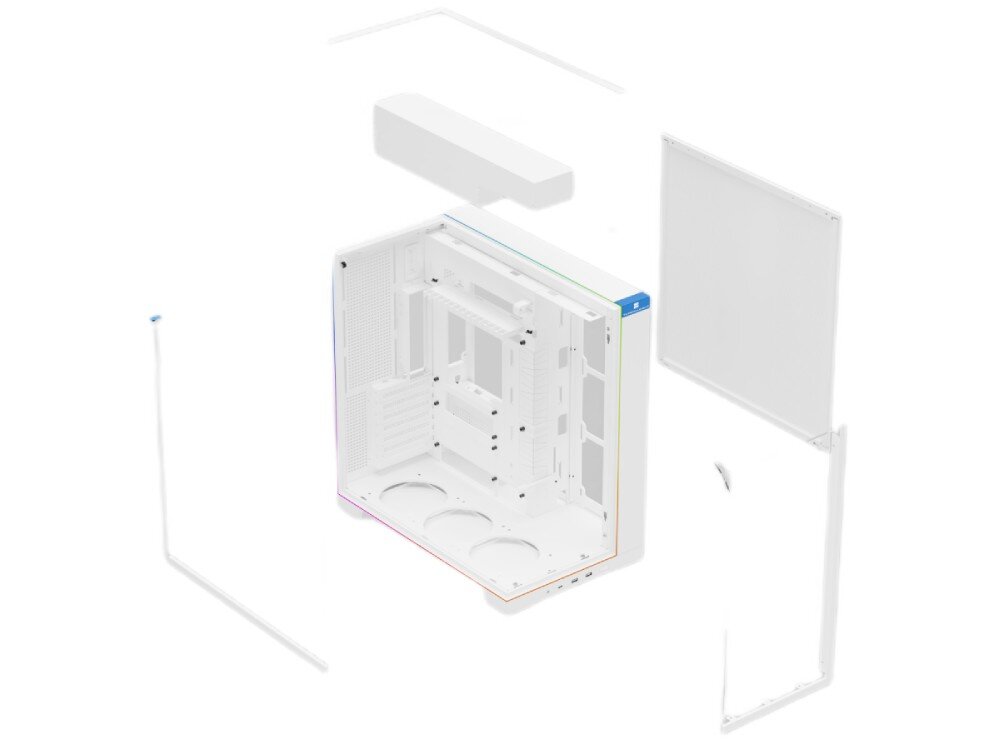 Obudowa THERMALRIGHT A70 ARGB Rozłożona pusta obudowa ze zdjętymi trzema szklanymi panelami oraz prawym metalowym bokiem, wewnątrz szkieletu zamontowano dwa wentylatory z tyłu i trzy na dole, wszystkie z tęczowym podświetleniem
