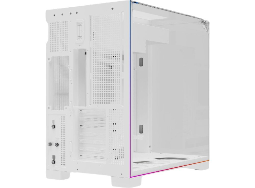 Obudowa THERMALRIGHT A70 ARGB Widok z boku na wnętrze pustej obudowy, widoczna jest tacka płyty głównej z otworami na kable, siatka wentylacyjna po prawej stronie oraz pięć wentylatorów z tęczowym podświetleniem umieszczonych z tyłu i na dole