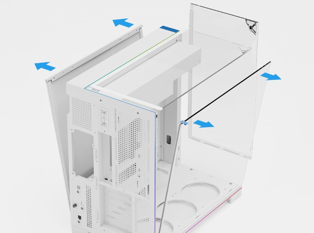 Obudowa THERMALRIGHT A70 ARGB Schemat pustej obudowy z żółtymi strzałkami pokazującymi kierunek demontażu paneli, górna, przednia i boczna szyba oraz prawy metalowy bok są w trakcie odsuwania od głównego szkieletu