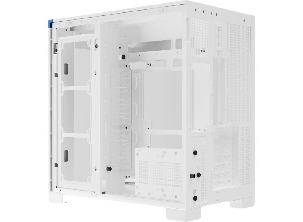 Obudowa THERMALRIGHT A70 ARGB Pusta obudowa widziana pod kątem ze szklanymi panelami na froncie, boku i górze, przez które widać wnętrze z miejscem na podzespoły oraz dwa tylne i trzy dolne wentylatory świecące w kolorach tęczy