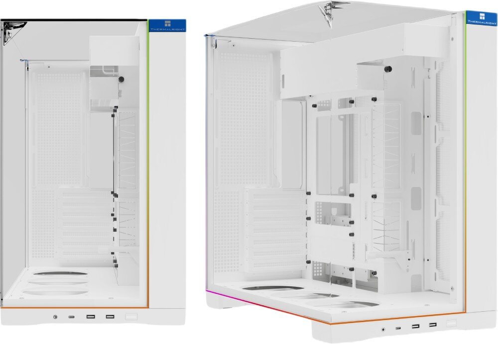 Obudowa THERMALRIGHT A70 ARGB Zestawienie dwóch ujęć pustej obudowy z wentylatorami o tęczowym podświetleniu, po lewej stronie płaski widok na front i lewy bok, a po prawej ujęcie pod kątem eksponujące brak pionowych słupków na łączeniach szyb