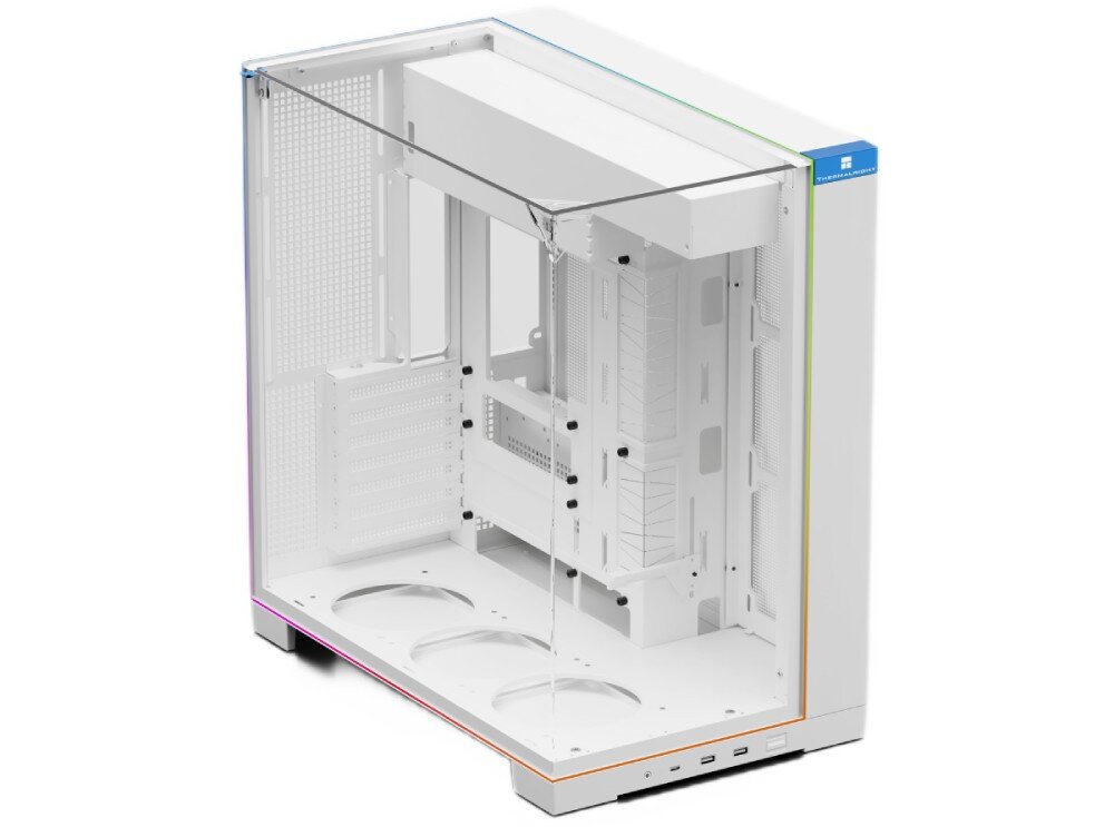 Obudowa THERMALRIGHT A70 ARGB Pusta obudowa ze szklanymi panelami widziana z góry pod kątem, wewnątrz widoczne jest miejsce na płytę główną i pięć tęczowo podświetlanych wentylatorów, a na przedniej dolnej krawędzi znajduje się panel z portami